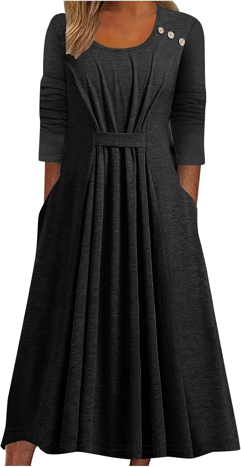 Women's Casual Midi Dress Front Pleated 3/4 Sleeve Dresses with Pocket, Ladies Dressy Knee Length Plain