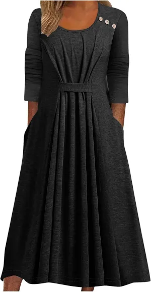 Women's Casual Midi Dress Front Pleated 3/4 Sleeve Dresses with Pocket, Ladies Dressy Knee Length Plain