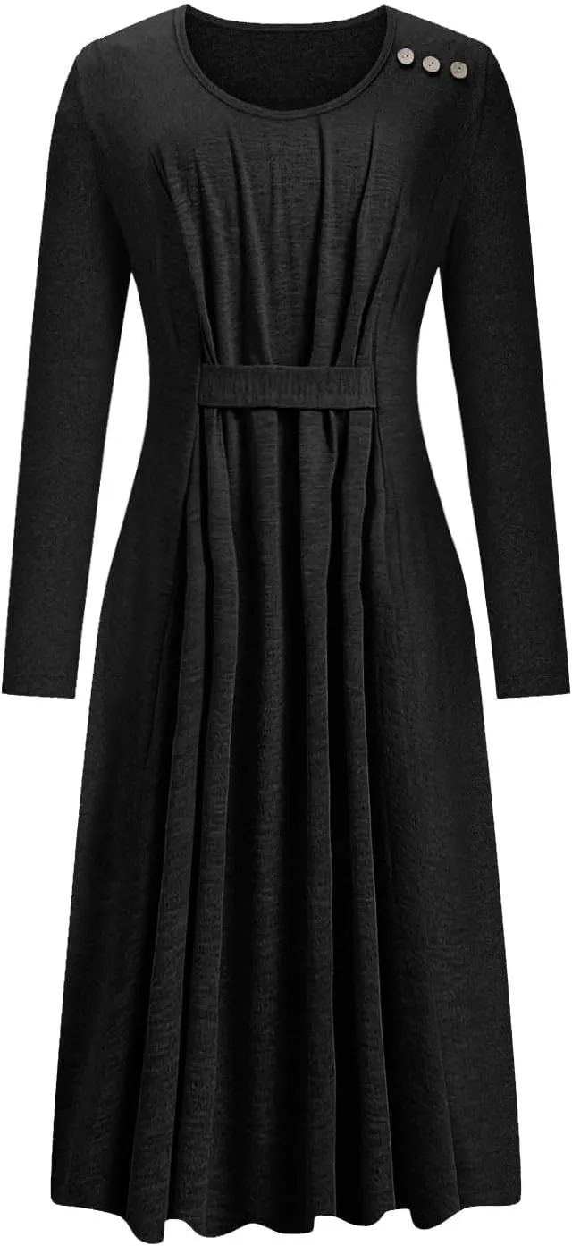 Women's Casual Midi Dress Front Pleated 3/4 Sleeve Dresses with Pocket, Ladies Dressy Knee Length Plain