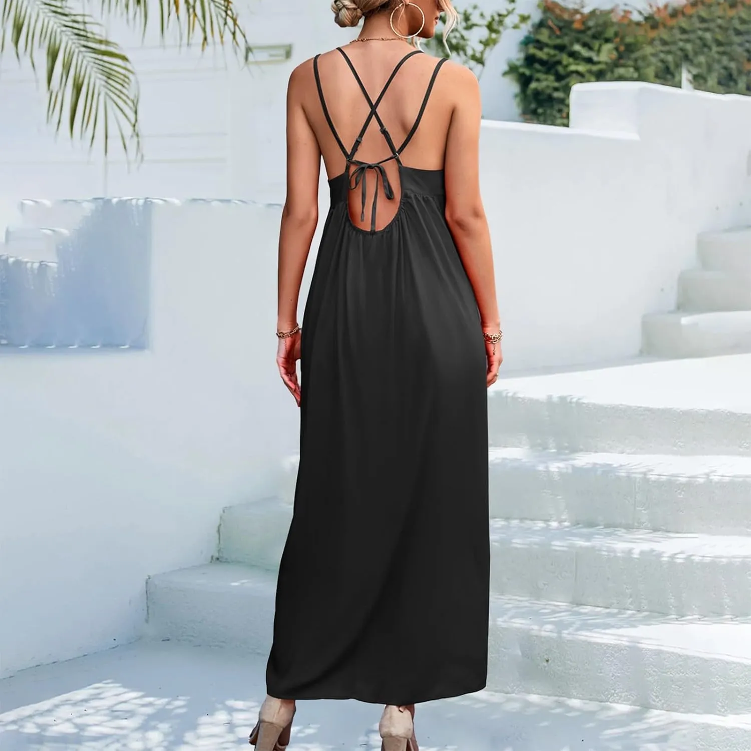 Women's Casual Sexy Solid Color Slim Tie Front Smocked Dresses with Belt Casual Boho Spaghetti Strap Beach Sundress