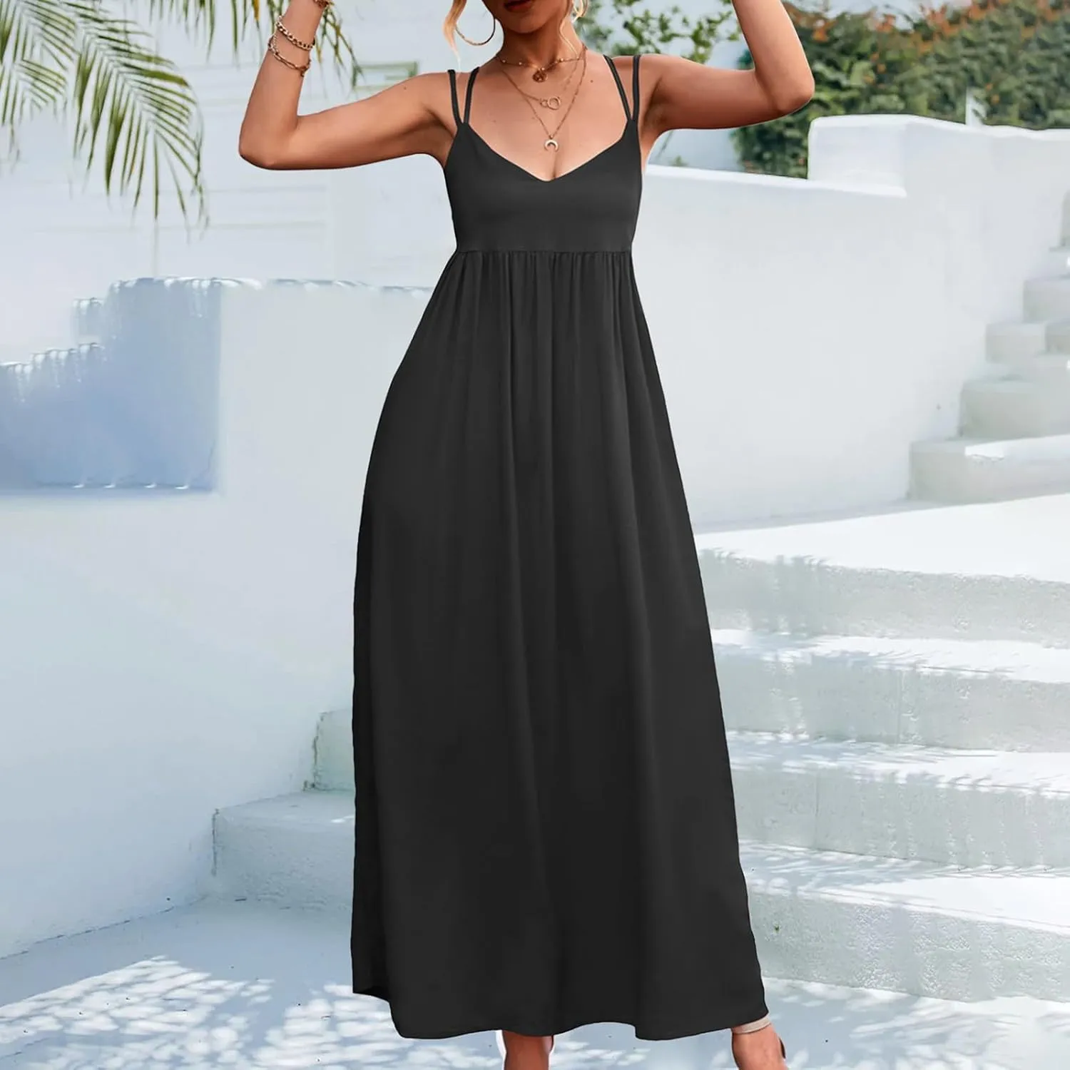 Women's Casual Sexy Solid Color Slim Tie Front Smocked Dresses with Belt Casual Boho Spaghetti Strap Beach Sundress