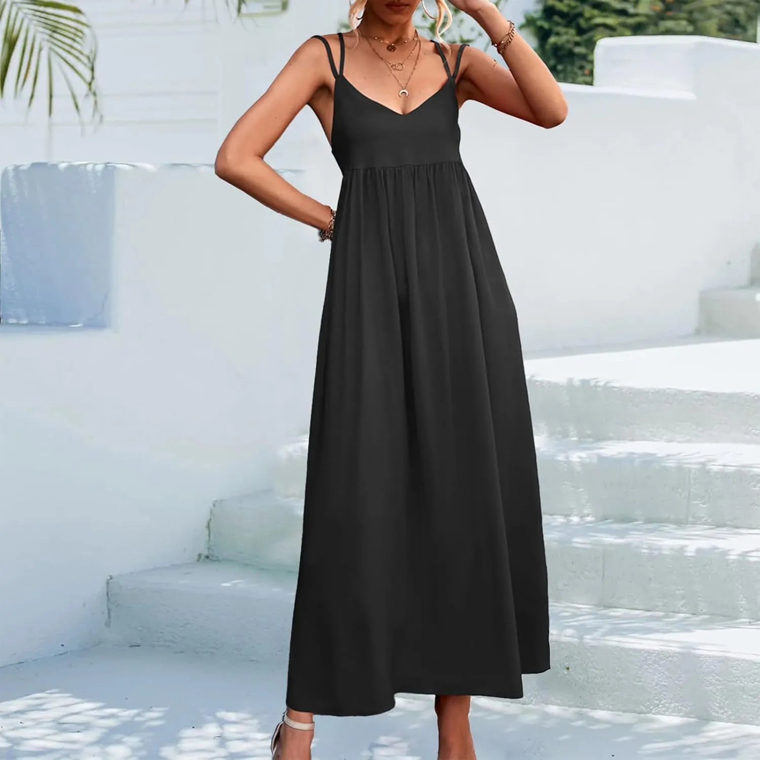 Women's Casual Sexy Solid Color Slim Tie Front Smocked Dresses with Belt Casual Boho Spaghetti Strap Beach Sundress