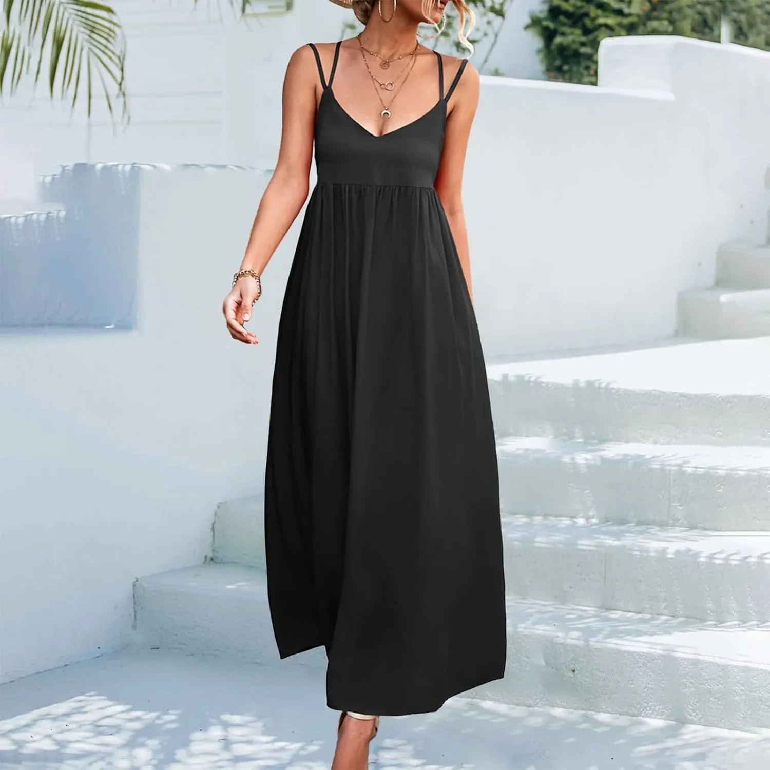 Women's Casual Sexy Solid Color Slim Tie Front Smocked Dresses with Belt Casual Boho Spaghetti Strap Beach Sundress