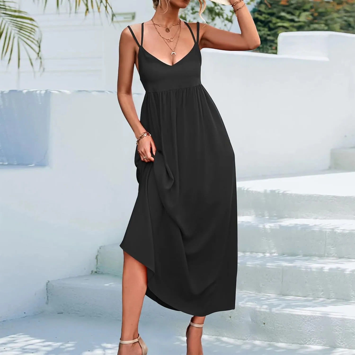 Women's Casual Sexy Solid Color Slim Tie Front Smocked Dresses with Belt Casual Boho Spaghetti Strap Beach Sundress