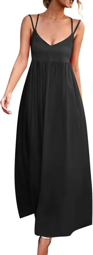 Women's Casual Sexy Solid Color Slim Tie Front Smocked Dresses with Belt Casual Boho Spaghetti Strap Beach Sundress