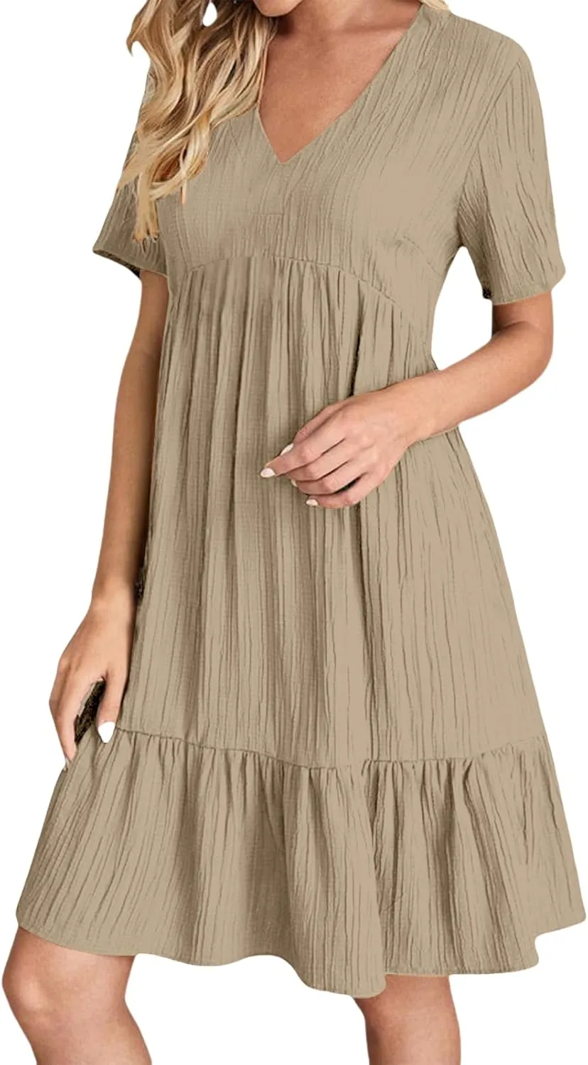Womens Casual Summer Dresses Flowy Sleeveless Midi Dress Beach Vacation Sundress Ruffle Swing Dress V Neck Comfy