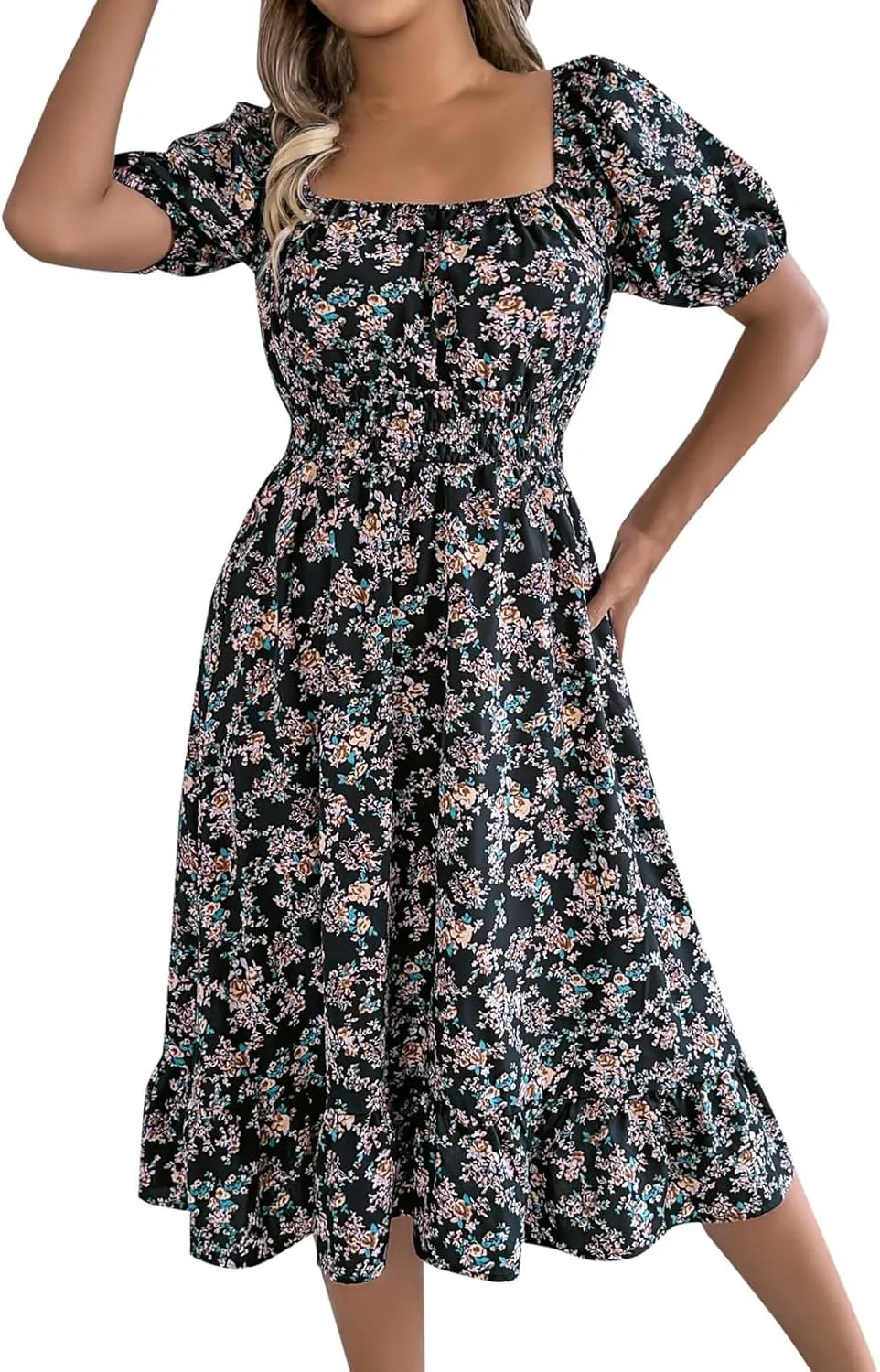 Womens Casual Summer Dresses Short Sleeve Square Neck Smocked Boho Floral Sundress Flowy A-Line Mini Dress