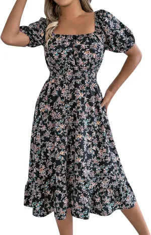 Womens Casual Summer Dresses Short Sleeve Square Neck Smocked Boho Floral Sundress Flowy A-Line Mini Dress