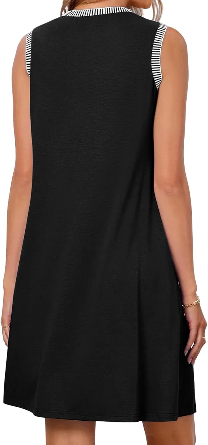 Womens Casual Summer Dresses Spring Sleeveless Crewneck Beach Sundress Loose Trendy Vacation Coverup Tank Mini Dress