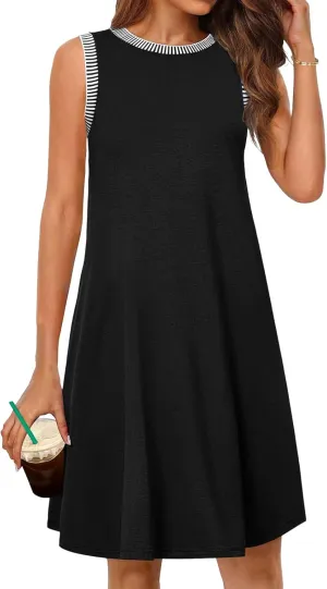 Womens Casual Summer Dresses Spring Sleeveless Crewneck Beach Sundress Loose Trendy Vacation Coverup Tank Mini Dress