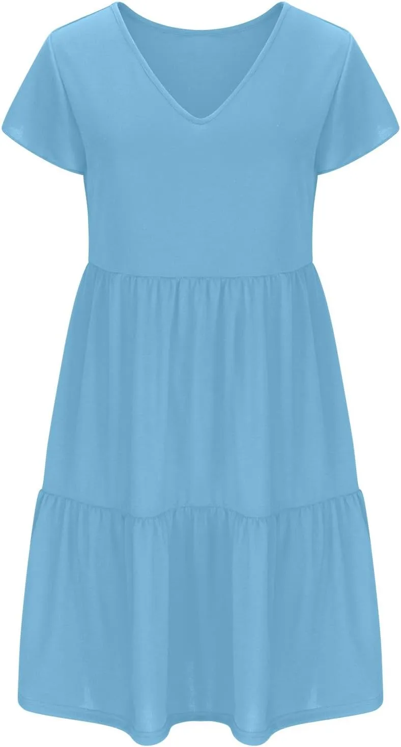 Womens Causal Summer Dresses 2024 Flutter Sleeve V Neck Tunic Tshirt Dress Pleated Ruffle Swing Beach Mini Sundress