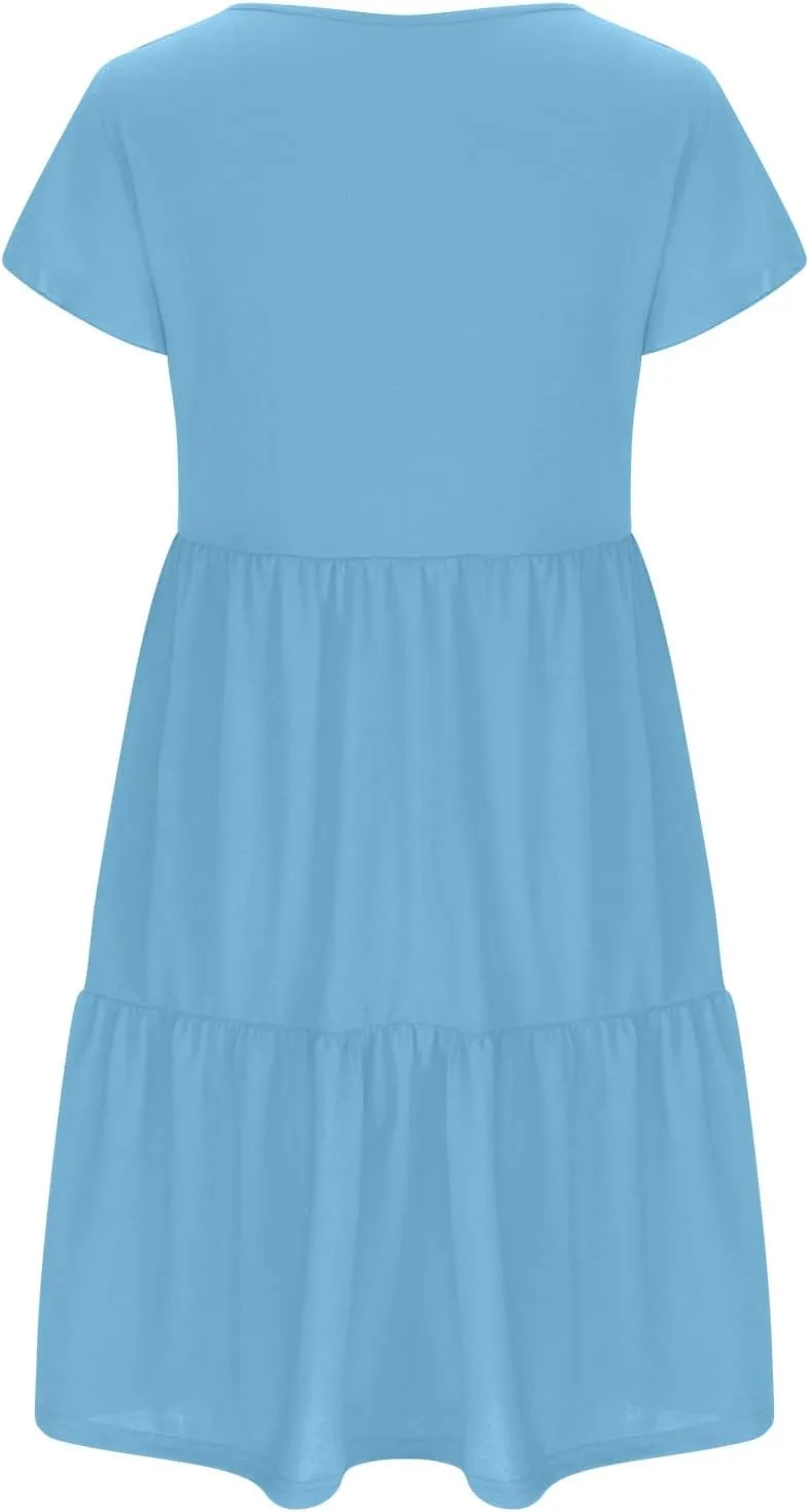 Womens Causal Summer Dresses 2024 Flutter Sleeve V Neck Tunic Tshirt Dress Pleated Ruffle Swing Beach Mini Sundress