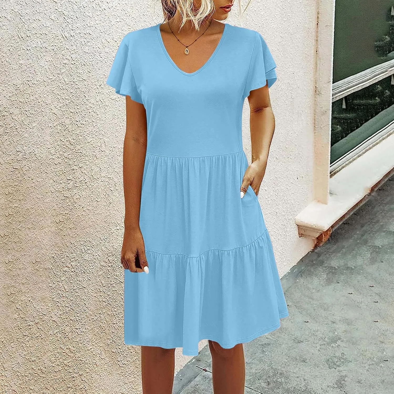 Womens Causal Summer Dresses 2024 Flutter Sleeve V Neck Tunic Tshirt Dress Pleated Ruffle Swing Beach Mini Sundress