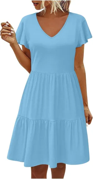 Womens Causal Summer Dresses 2024 Flutter Sleeve V Neck Tunic Tshirt Dress Pleated Ruffle Swing Beach Mini Sundress