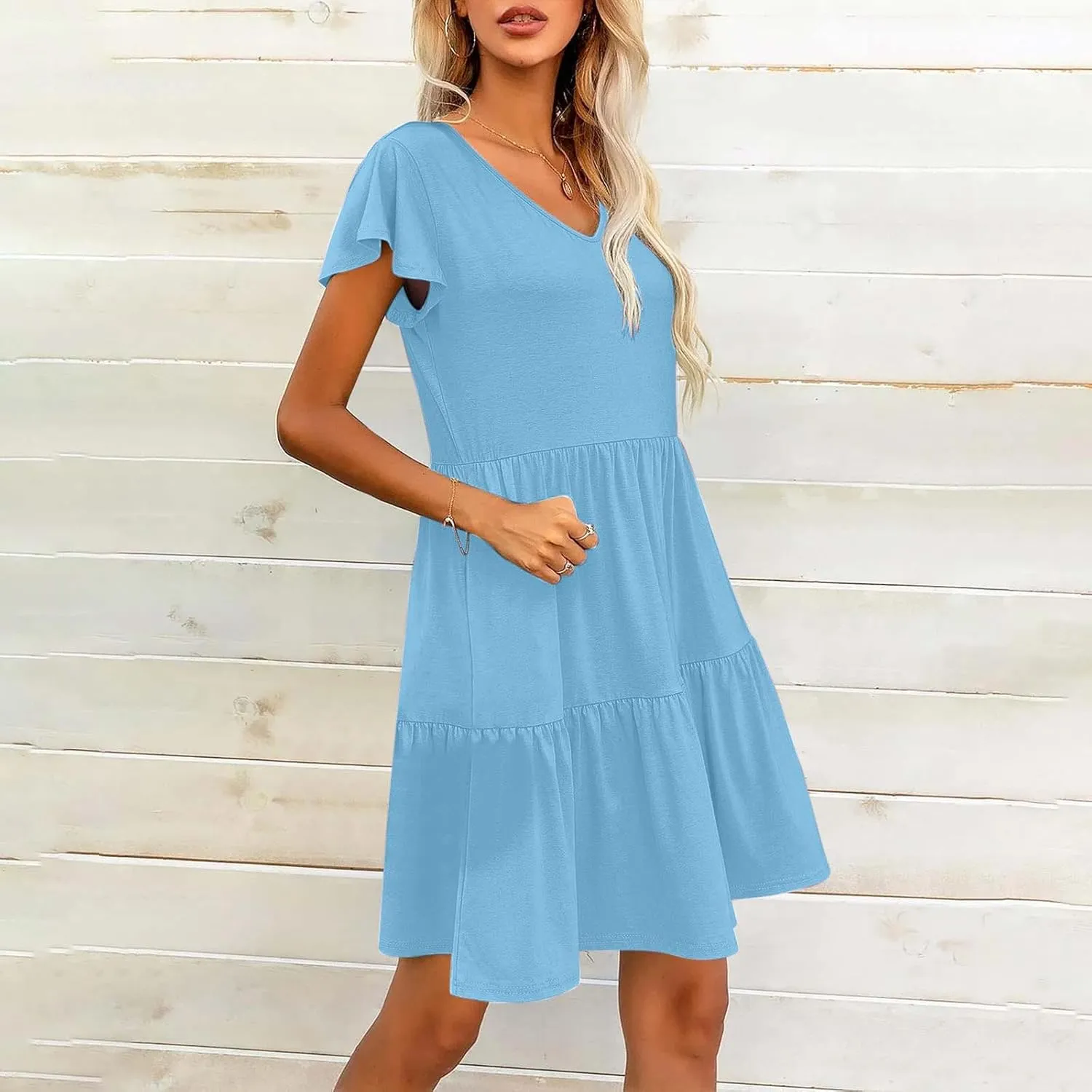 Womens Causal Summer Dresses 2024 Flutter Sleeve V Neck Tunic Tshirt Dress Pleated Ruffle Swing Beach Mini Sundress