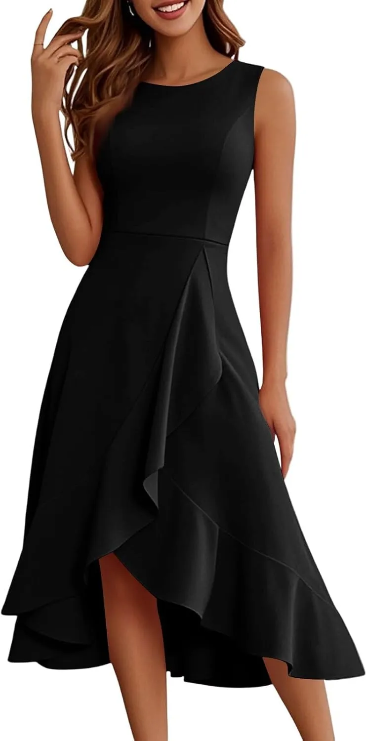 Women's Cocktail Party Formal Wedding Guest Church Dresses A Line High Low Ruffled Split Hem Party Midi Dresses