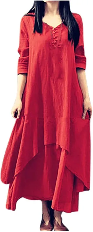Women's Cotton Linen Irregular Double Layer Dress,Plus Size Long Sleeve Loose Boho Caftan Beach Dress