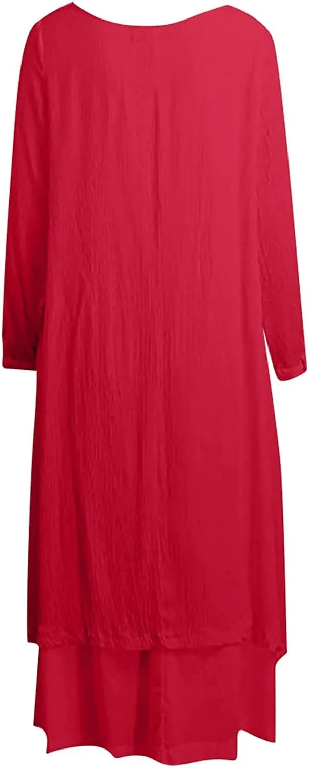 Women's Cotton Linen Irregular Double Layer Dress,Plus Size Long Sleeve Loose Boho Caftan Beach Dress