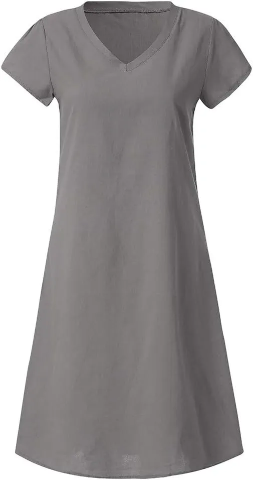 Womens Cotton Linen Midi Dress Summer Solid Color Short Sleeve V-Neck T-Shirt Plus Size Casual Flowy Beach Dress