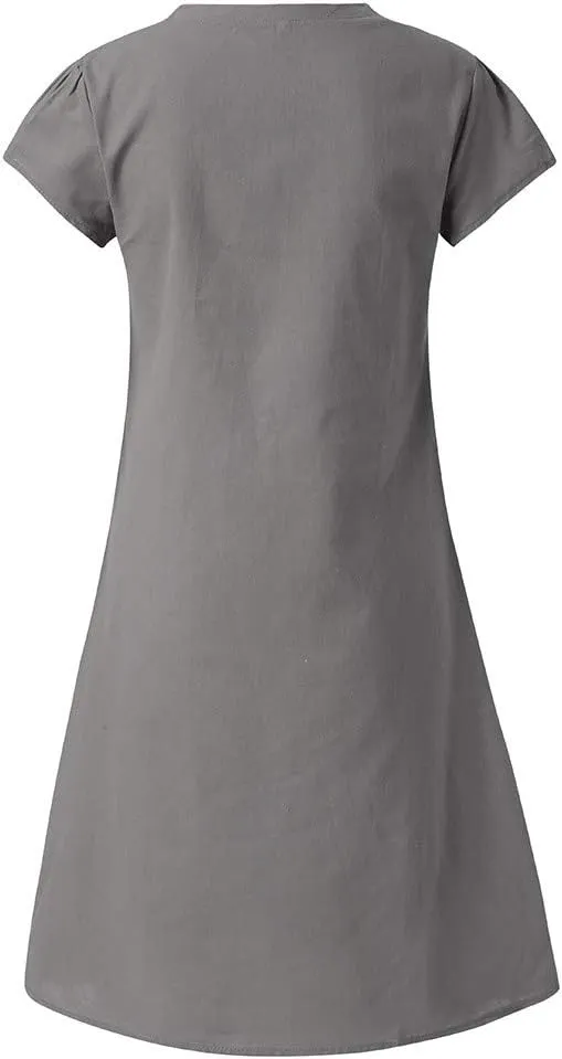 Womens Cotton Linen Midi Dress Summer Solid Color Short Sleeve V-Neck T-Shirt Plus Size Casual Flowy Beach Dress