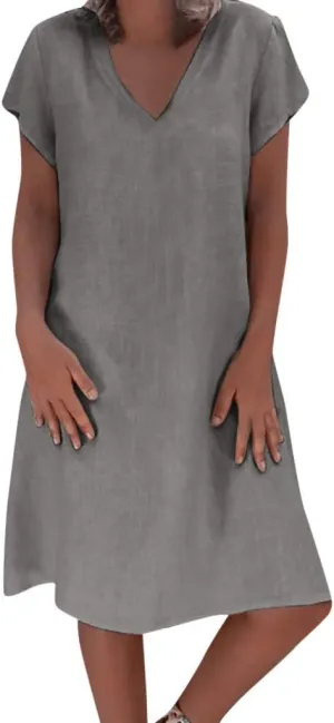 Womens Cotton Linen Midi Dress Summer Solid Color Short Sleeve V-Neck T-Shirt Plus Size Casual Flowy Beach Dress