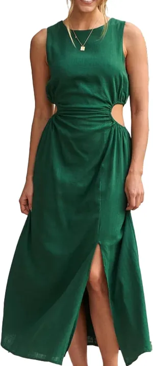 Womens Crew Neck Sleeveless Midi Dress Summer Cut Out Twist Split Hem Long Dress Elegant Solid Sweet Fashion Dresses