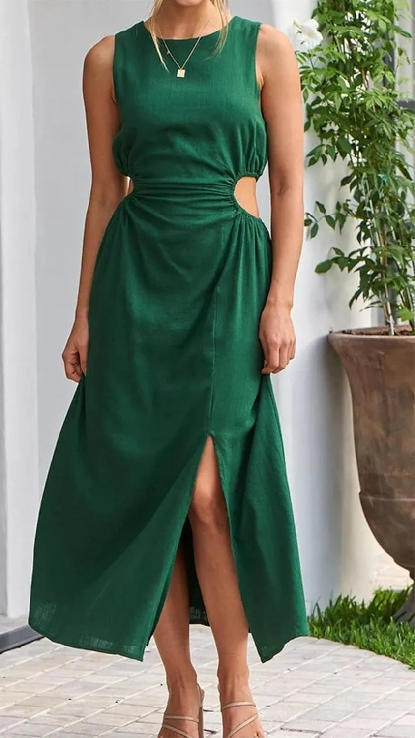 Womens Crew Neck Sleeveless Midi Dress Summer Cut Out Twist Split Hem Long Dress Elegant Solid Sweet Fashion Dresses