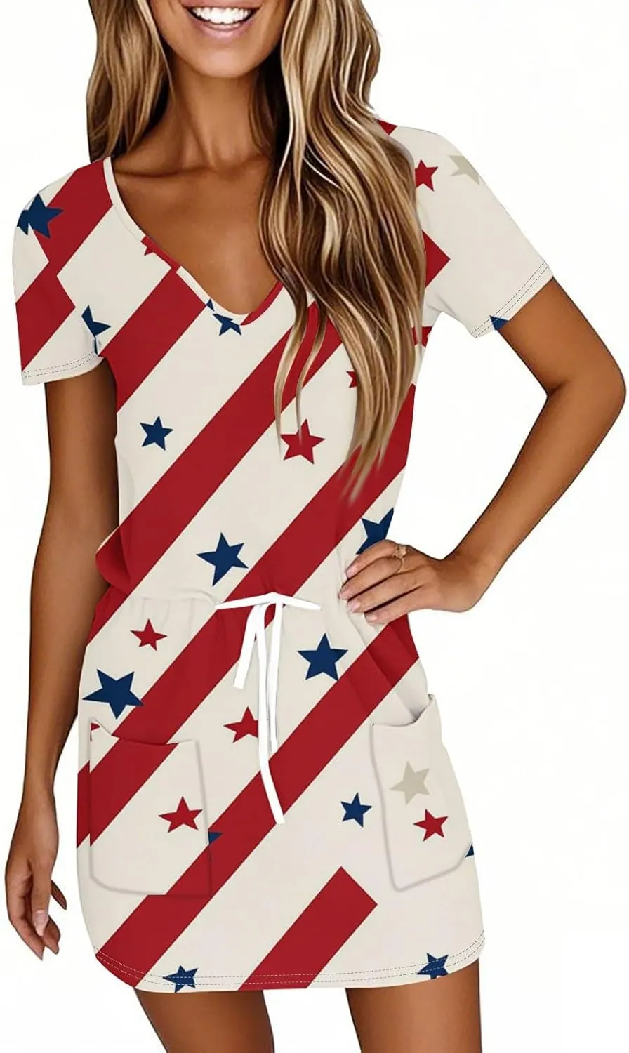 Women's Cute Dresses 2025 V-Neck Short Sleeve Drawstring Printed Independence Day Casual Mini Dresses, S-2XL