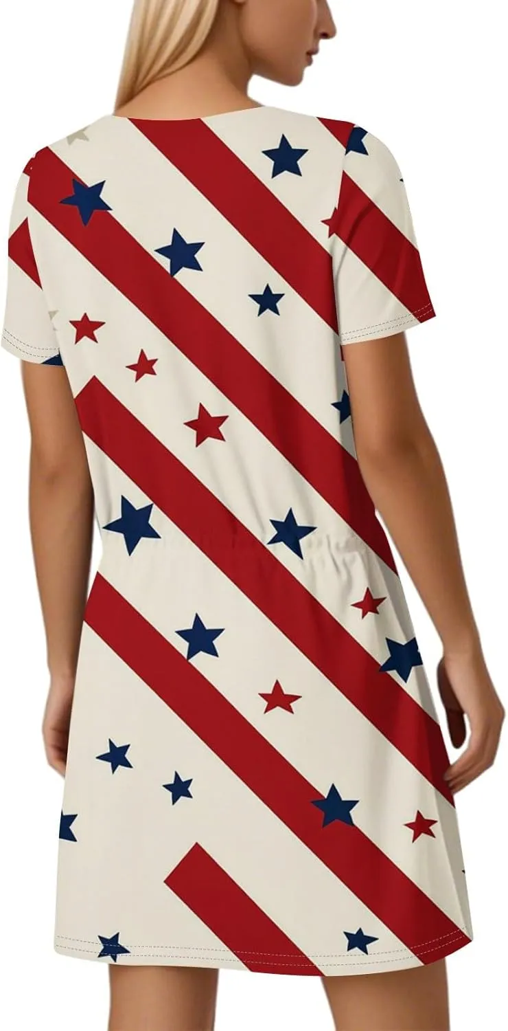 Women's Cute Dresses 2025 V-Neck Short Sleeve Drawstring Printed Independence Day Casual Mini Dresses, S-2XL