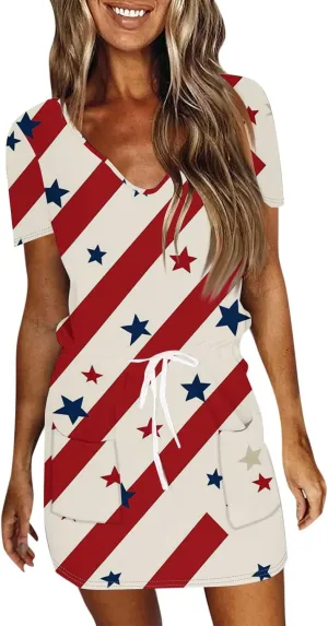 Women's Cute Dresses 2025 V-Neck Short Sleeve Drawstring Printed Independence Day Casual Mini Dresses, S-2XL