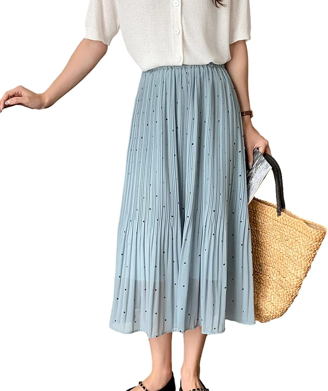 Women's Dot Print Midi Skirts Elastic High Waist Double Layer Chiffon Pleated Skirts Summer Casual A-line Skirts