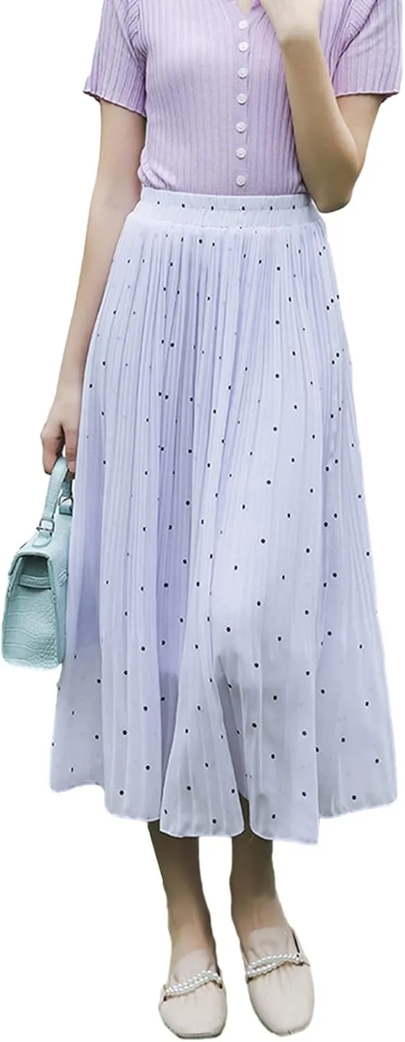 Women's Dot Print Midi Skirts Elastic High Waist Double Layer Chiffon Pleated Skirts Summer Casual A-line Skirts