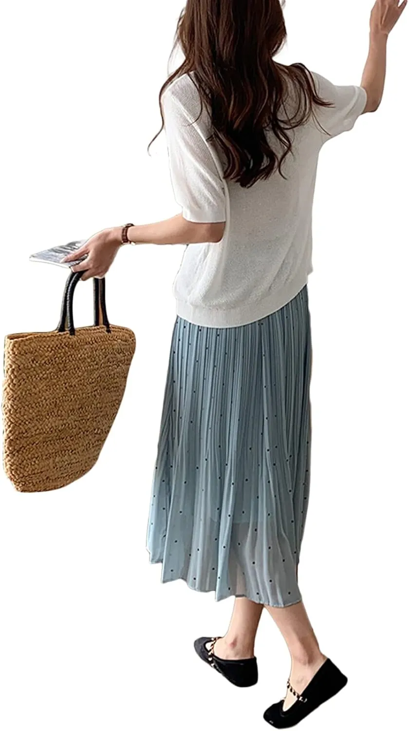 Women's Dot Print Midi Skirts Elastic High Waist Double Layer Chiffon Pleated Skirts Summer Casual A-line Skirts