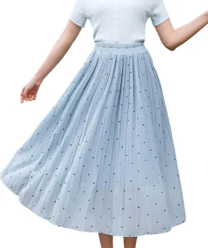 Women's Dot Print Midi Skirts Elastic High Waist Double Layer Chiffon Pleated Skirts Summer Casual A-line Skirts