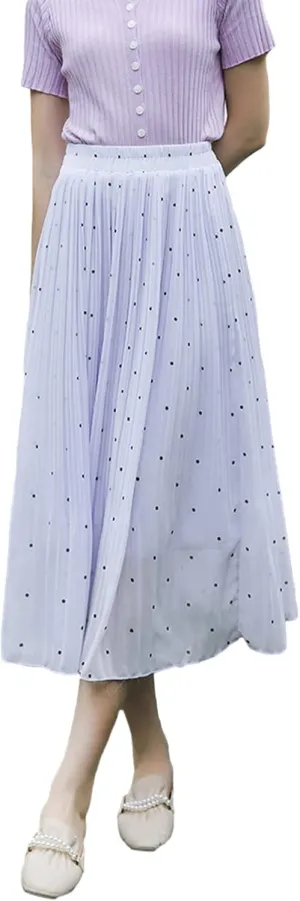 Women's Dot Print Midi Skirts Elastic High Waist Double Layer Chiffon Pleated Skirts Summer Casual A-line Skirts