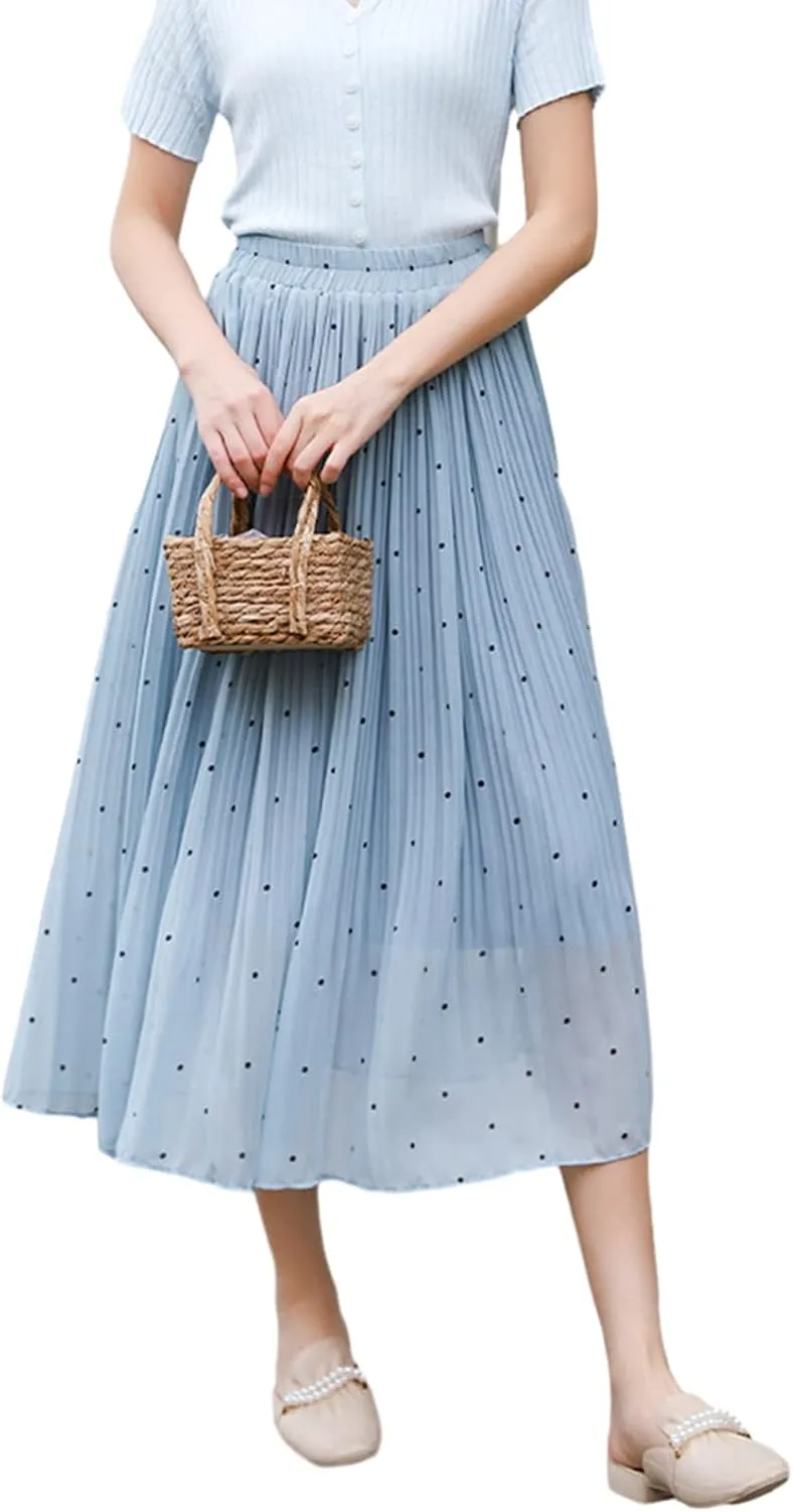 Women's Dot Print Midi Skirts Elastic High Waist Double Layer Chiffon Pleated Skirts Summer Casual A-line Skirts