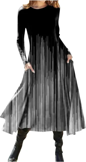 Womens Dresses Fall 2024 Fashion Floral Printed Long Dress Long Sleeve Round Neck Sundress