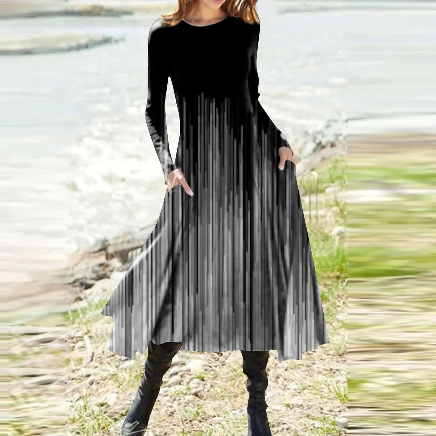 Womens Dresses Fall 2024 Fashion Floral Printed Long Dress Long Sleeve Round Neck Sundress