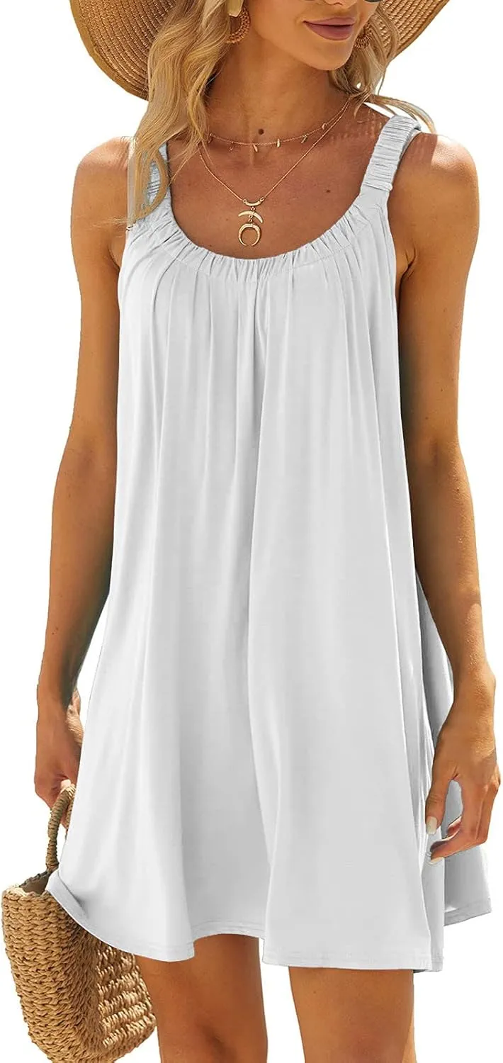 Womens Dresses Simple Solid Color Flared Sundresses Spaghetti Strap Casual Vacation Short Dresses