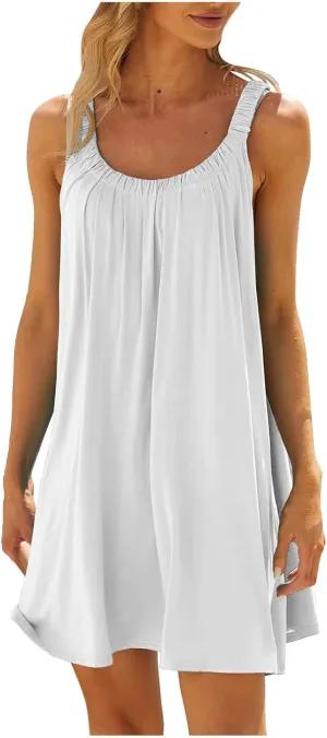 Womens Dresses Simple Solid Color Flared Sundresses Spaghetti Strap Casual Vacation Short Dresses