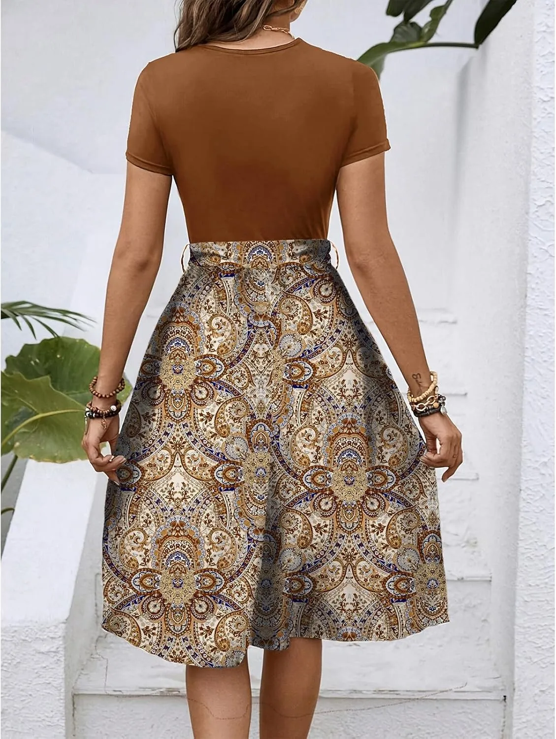 Women's Empire Waist Floral Dresses Short Sleeve Modest Midi Length Dress Summer Color Blocked Belt Dress