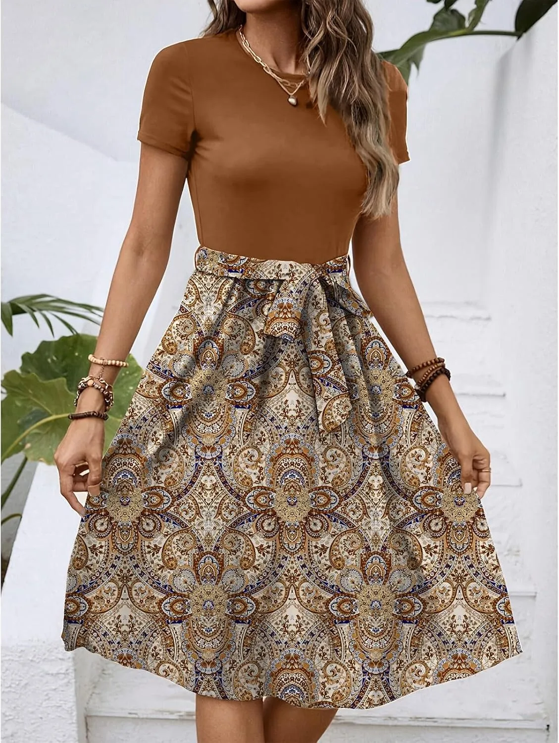 Women's Empire Waist Floral Dresses Short Sleeve Modest Midi Length Dress Summer Color Blocked Belt Dress