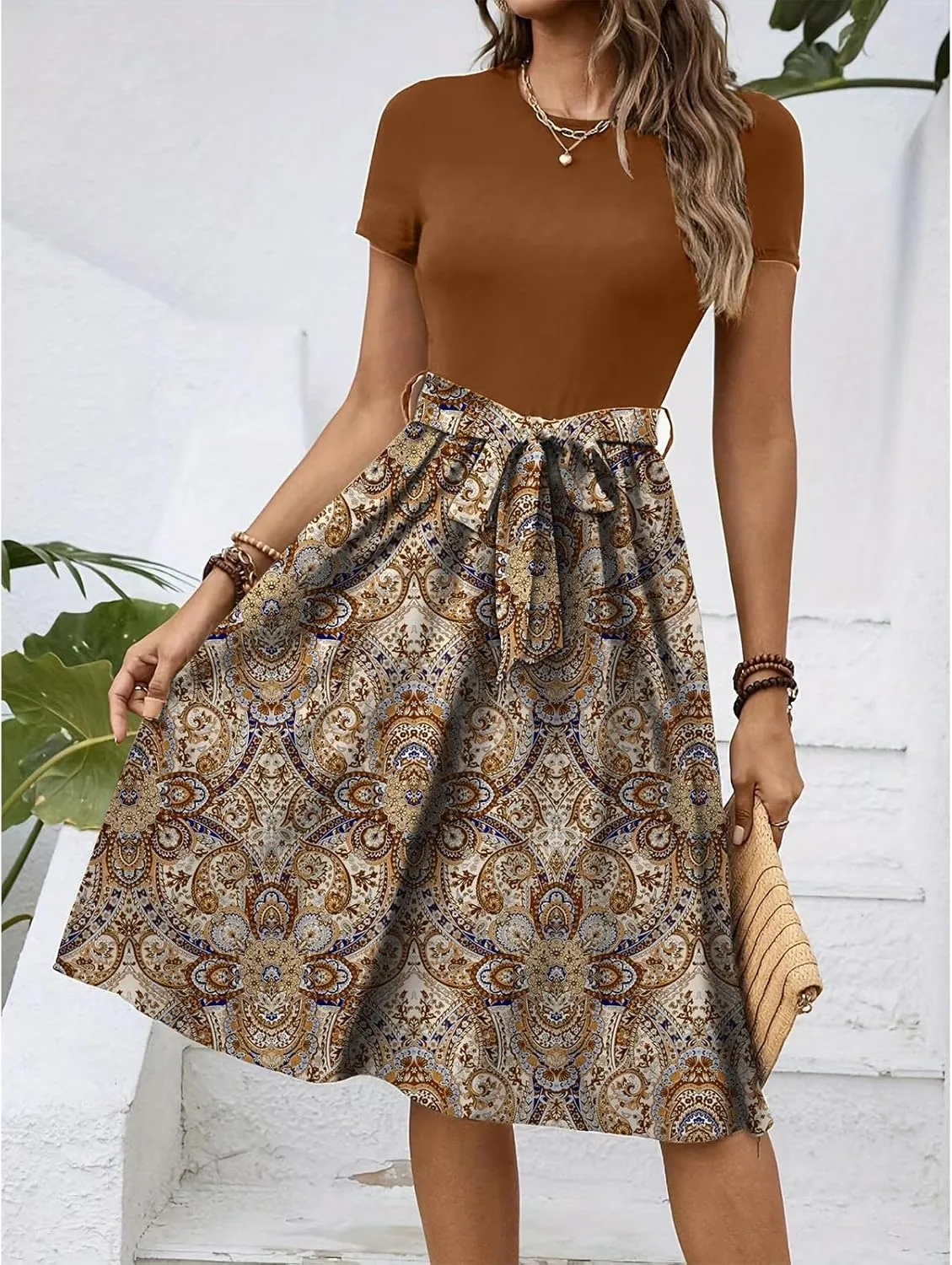 Women's Empire Waist Floral Dresses Short Sleeve Modest Midi Length Dress Summer Color Blocked Belt Dress