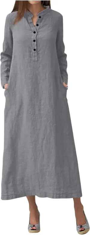 Women's Fall Casual Trendy Button Down Collar Long Sleeve Solid Maxi Linen Dress Plus Size, S-3XL