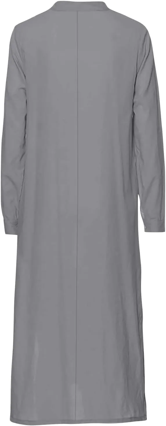 Women's Fall Casual Trendy Button Down Collar Long Sleeve Solid Maxi Linen Dress Plus Size, S-3XL