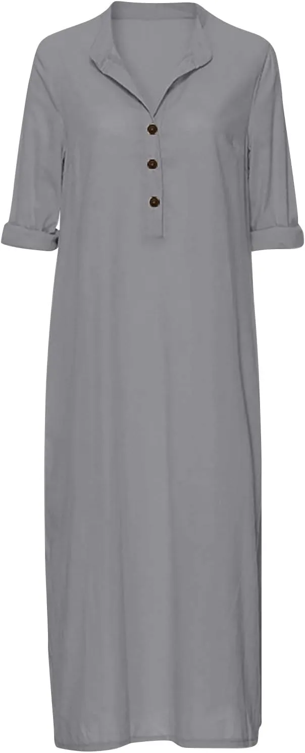 Women's Fall Casual Trendy Button Down Collar Long Sleeve Solid Maxi Linen Dress Plus Size, S-3XL