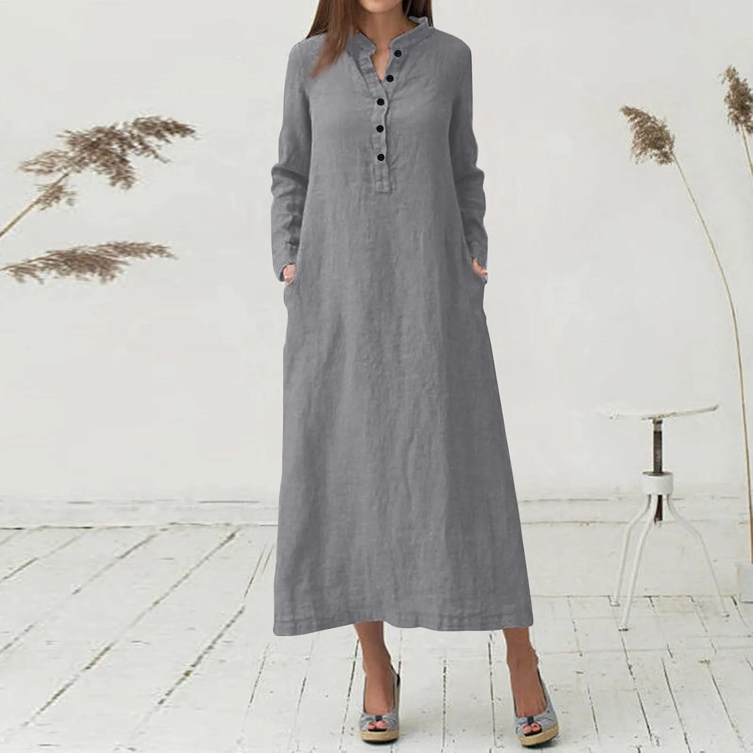 Women's Fall Casual Trendy Button Down Collar Long Sleeve Solid Maxi Linen Dress Plus Size, S-3XL
