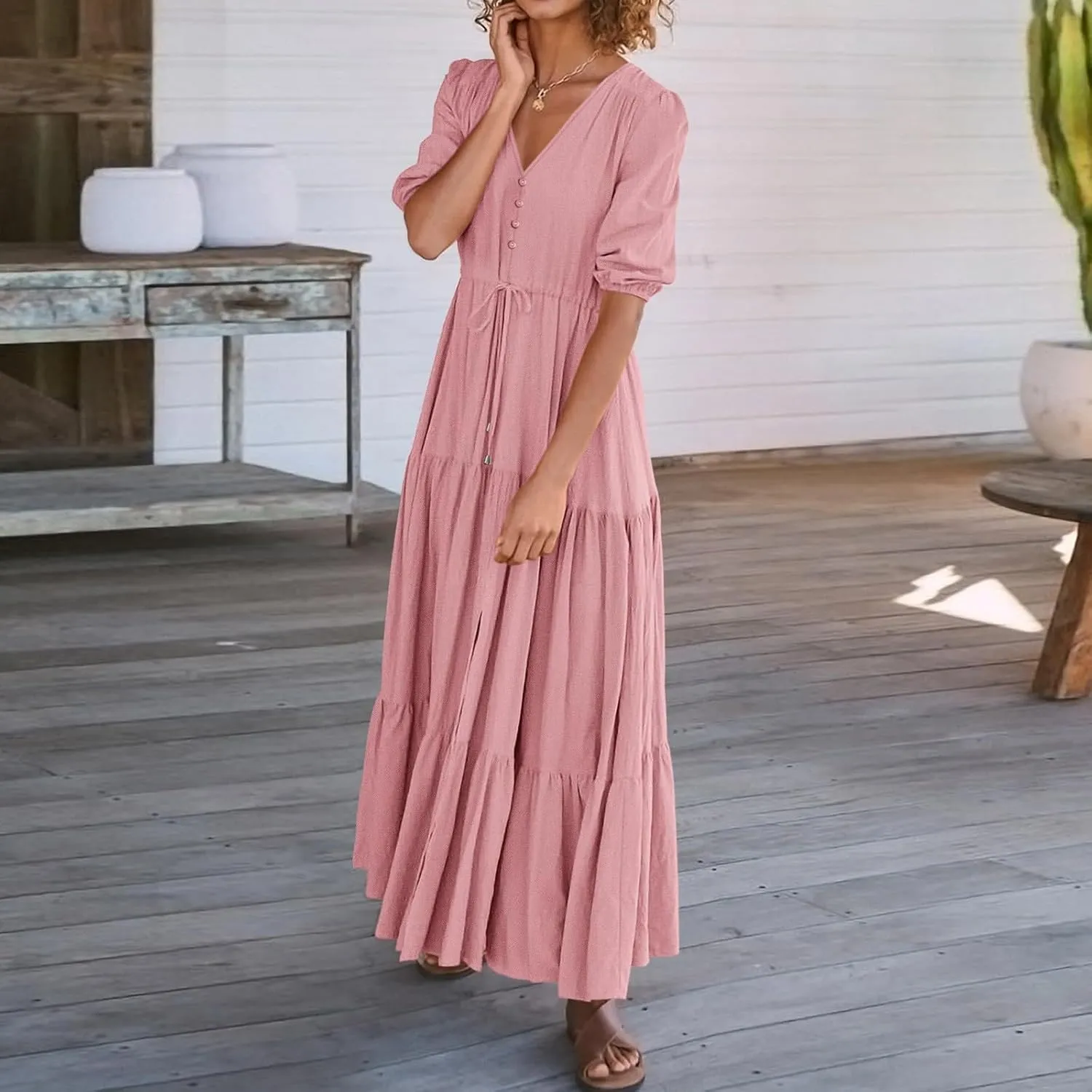 Women's Fall Maxi Dress V Neck Long Sleeve Tiered Ruffle Flowy A Line Cocktail Party Dresses