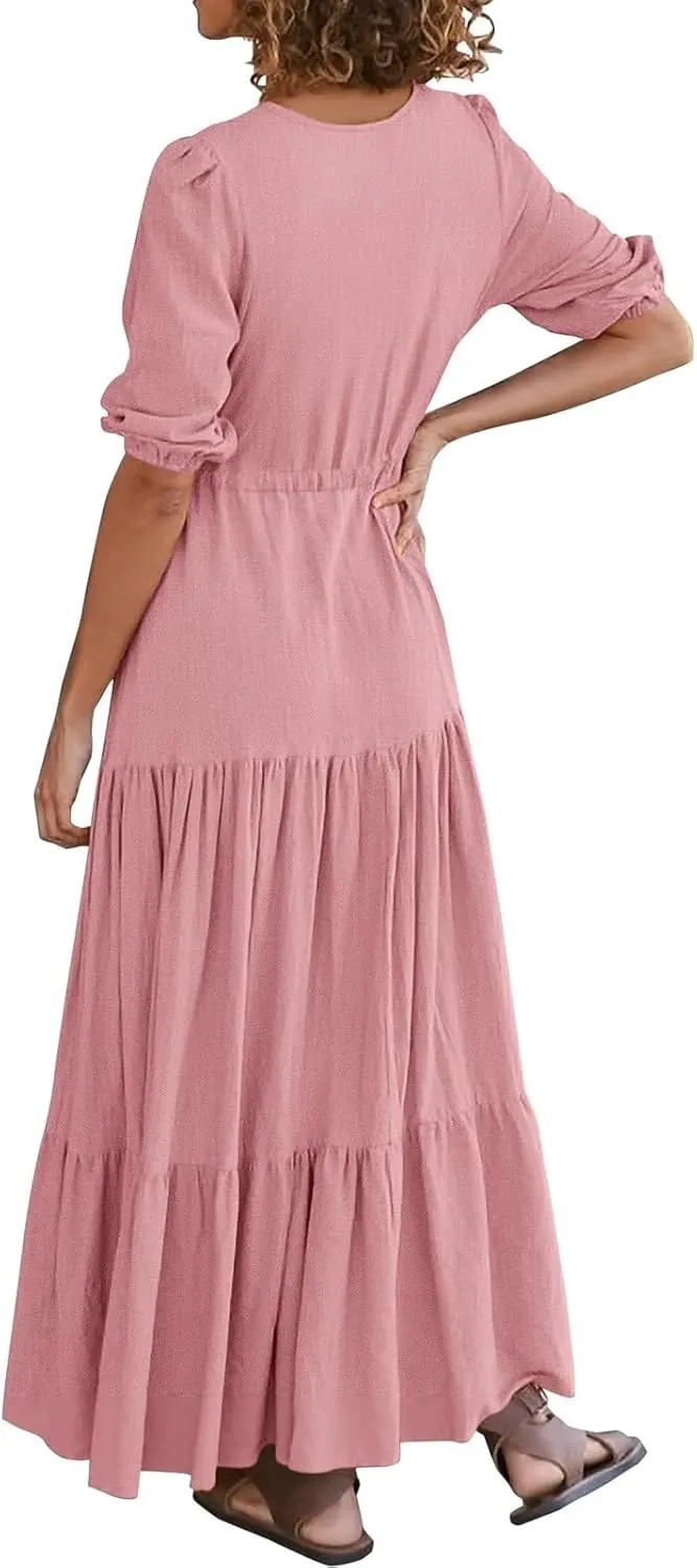 Women's Fall Maxi Dress V Neck Long Sleeve Tiered Ruffle Flowy A Line Cocktail Party Dresses