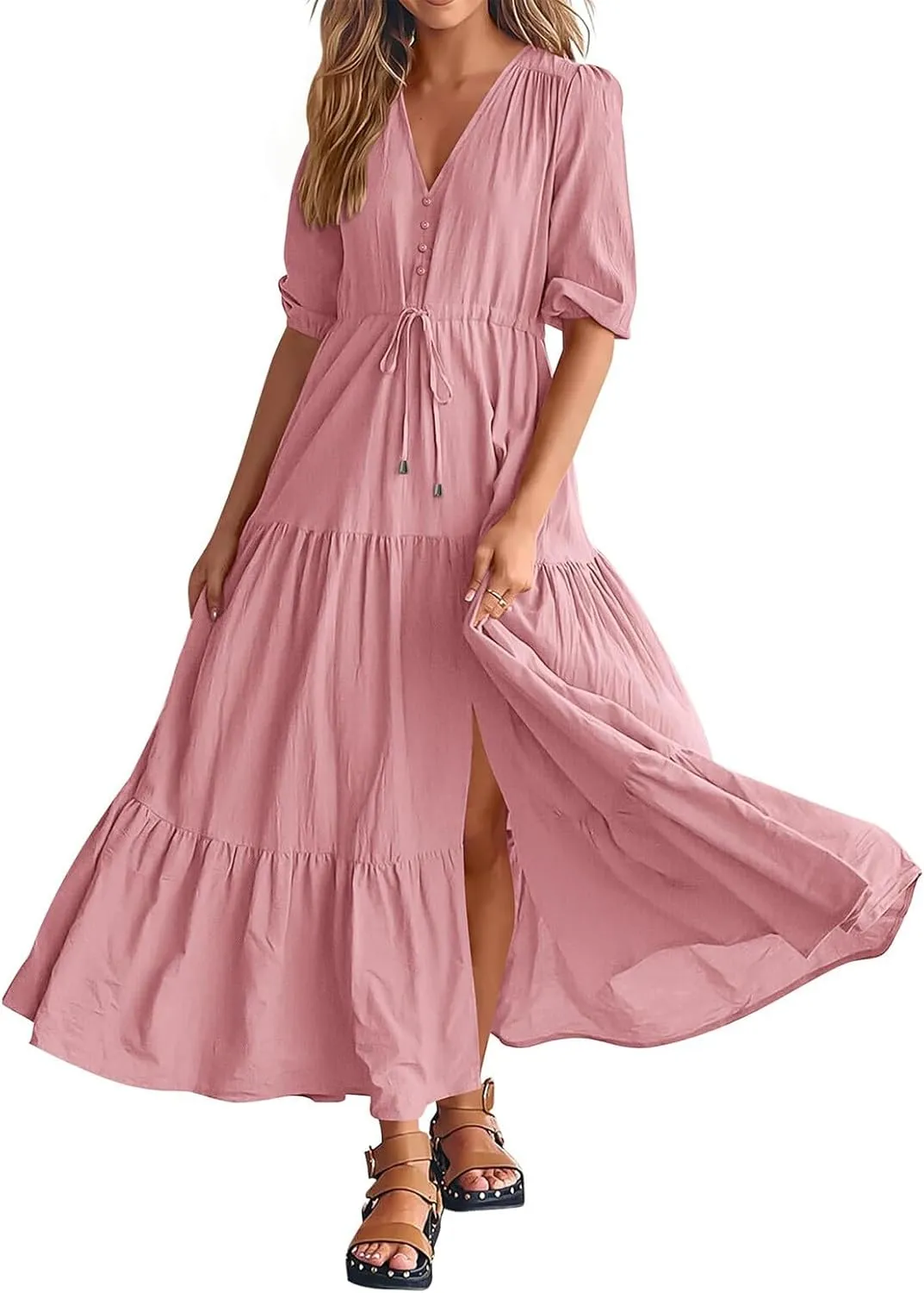Women's Fall Maxi Dress V Neck Long Sleeve Tiered Ruffle Flowy A Line Cocktail Party Dresses